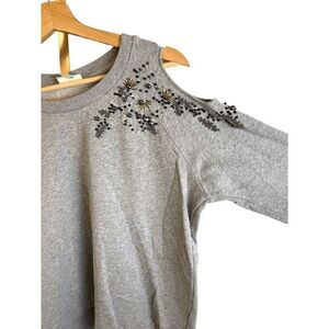 Anthropologie Deletta Cold Shoulder Beaded Embellished Grey Sweatshirt Sz PS EUC